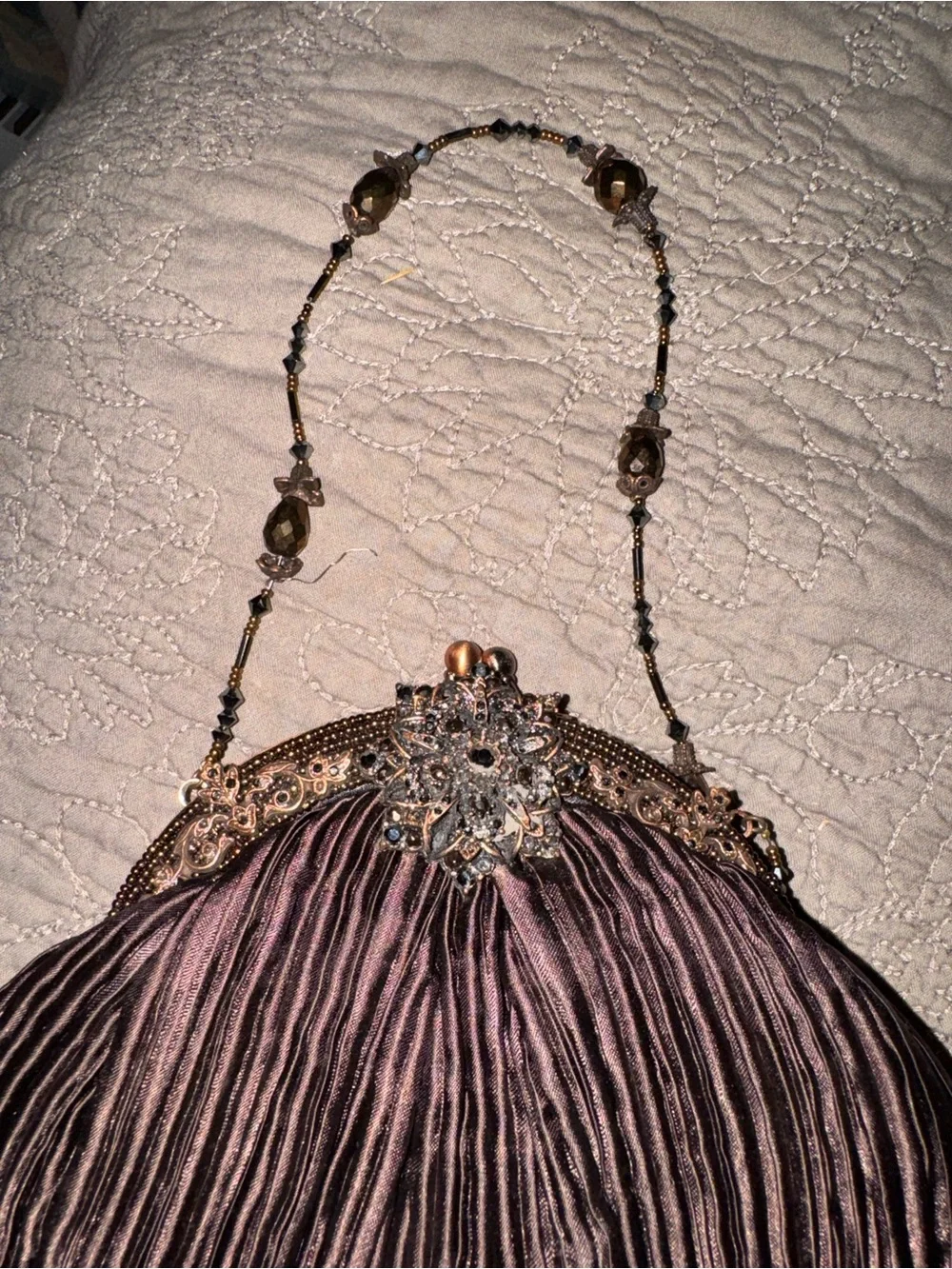 Todd Anthony Evening Pleated Satin Bag with beadwork in Dark Plum Brown